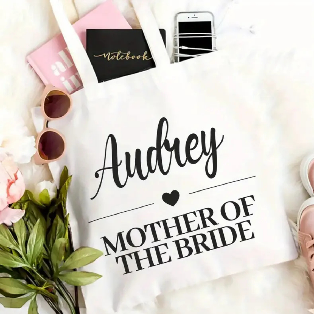 Mother of the Bride Tote Bag with Name Mother of the Bride Tote Bag with Name - Bridal Party Gift Tote Bags.