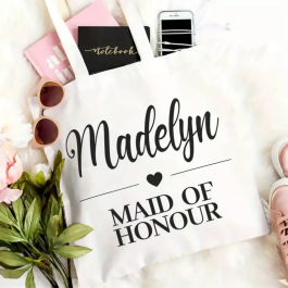 Maid of Honour with Name Tote Bag - Bridal Party Gift Tote Bags.